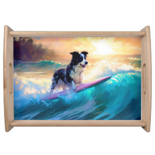 Border Collie Beach Surfing Painting Serving Tray