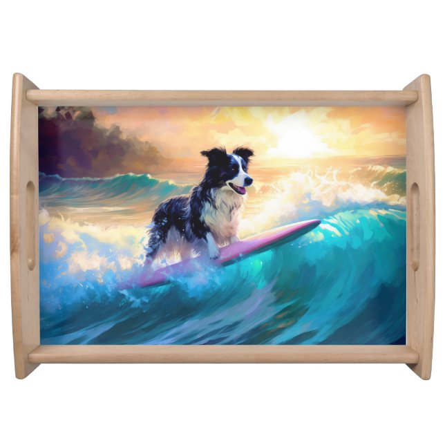 Border Collie Beach Surfing Painting Serving Tray (Front)