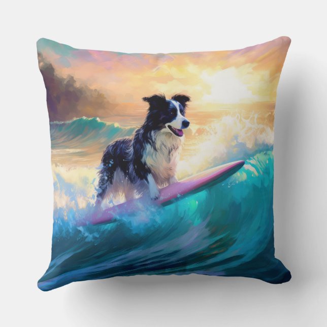 Border Collie Beach Surfing Painting Throw Pillow (Back)