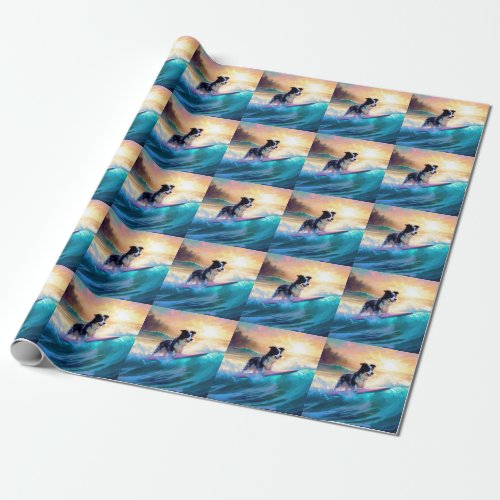 Border Collie Beach Surfing Painting Wrapping Paper