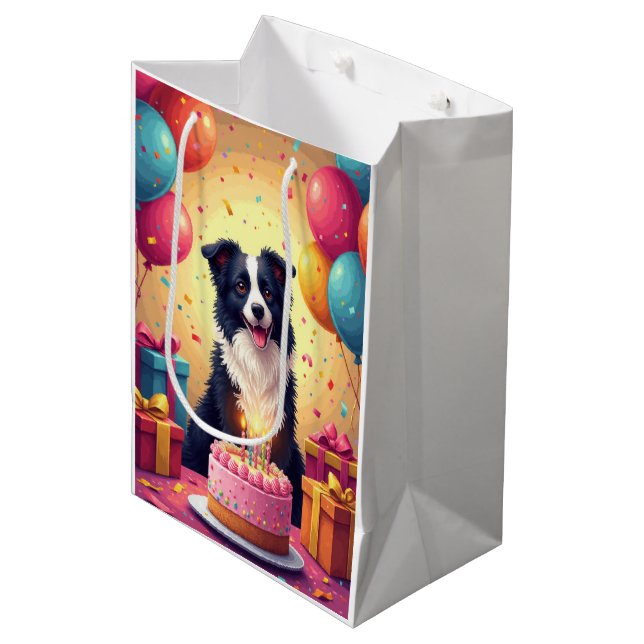 Border Collie Birthday Celebration Medium Gift Bag (Front Angled)