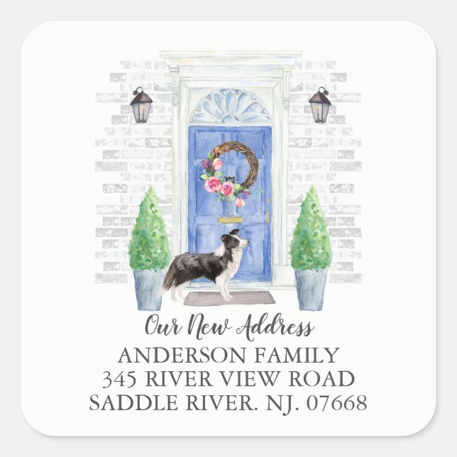 Border Collie Blue Door New Address Label Sticker (Front)