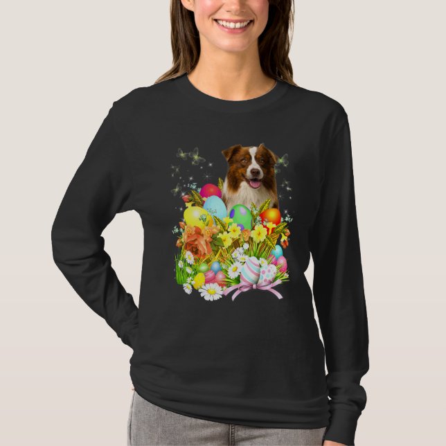 Border Collie Bunny Dog With Easter Eggs Basket Co T-Shirt (Front)