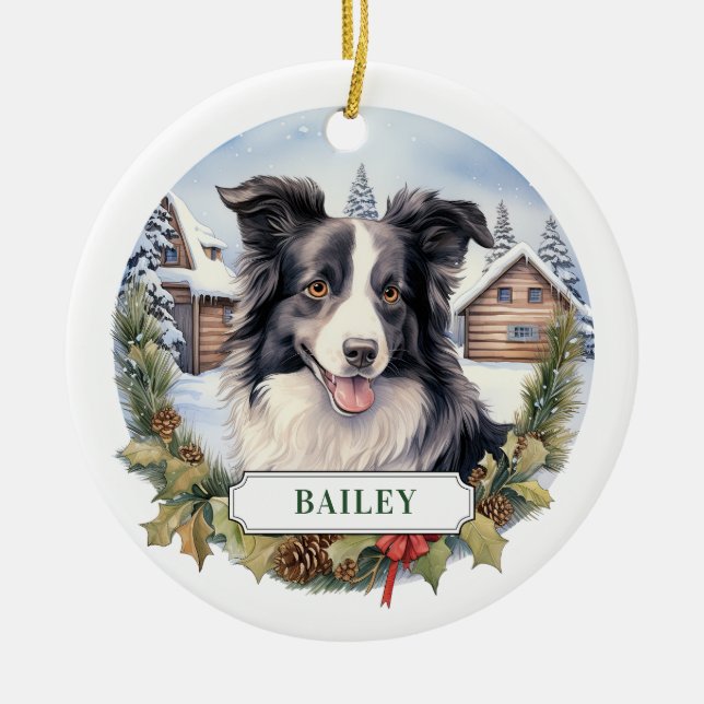 Border Collie Ceramic Circle Ornament (Front)