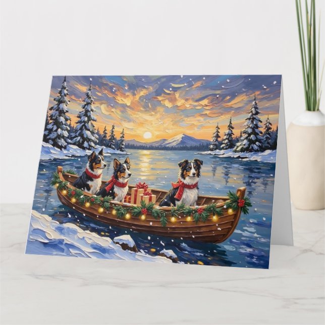 Border Collie Christmas Boat Holiday Card (Front)