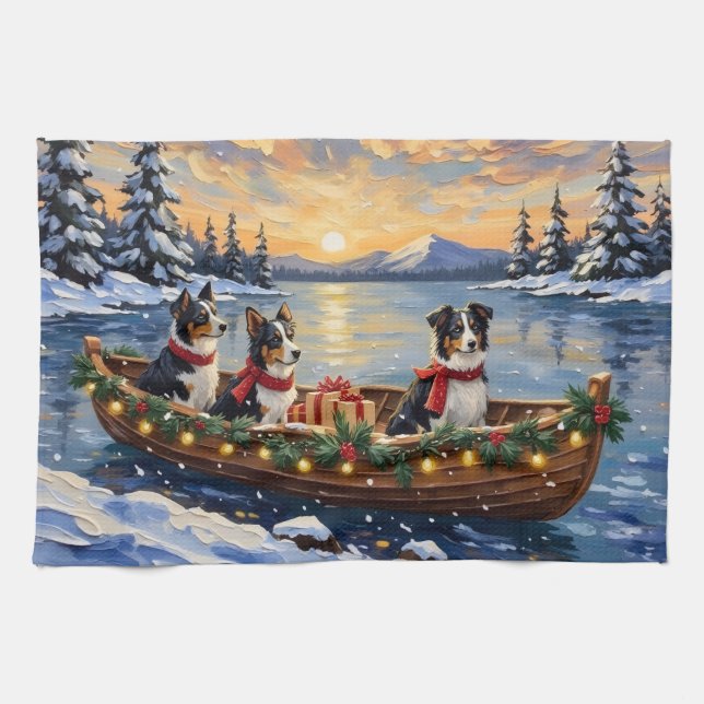 Border Collie Christmas Boat Holiday Kitchen Towel (Horizontal)