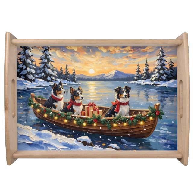Border Collie Christmas Boat Holiday Serving Tray (Front)