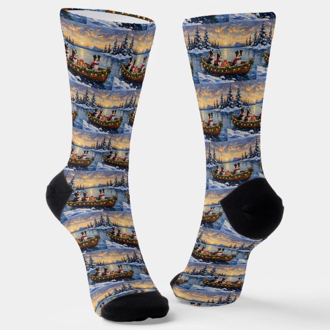 Border Collie Christmas Boat Holiday Socks (Angled)