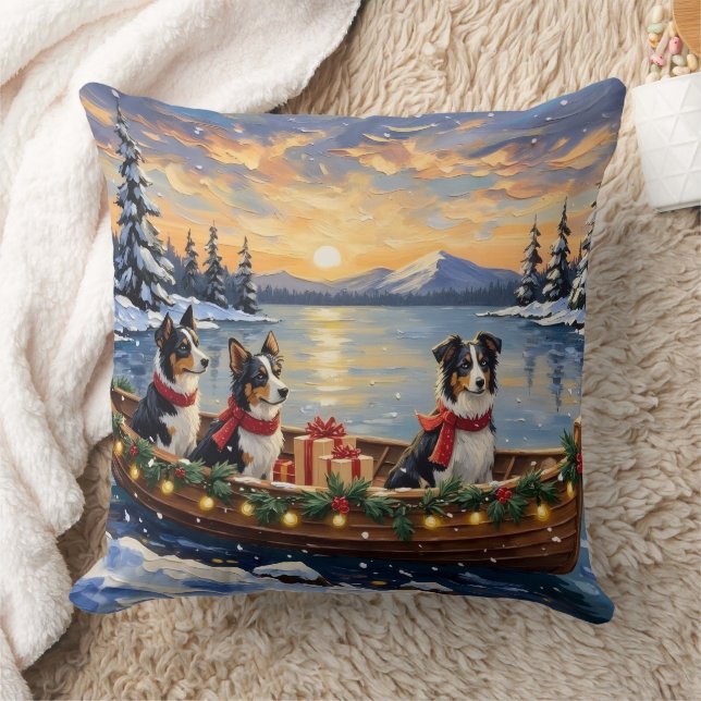 Border Collie Christmas Boat Holiday Throw Pillow (Blanket)
