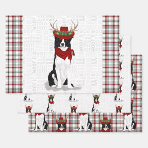 Border Collie Christmas Dog and Western Plaid Wrapping Paper Sheets