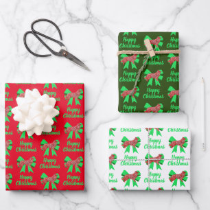 Border Collie Christmas Dog & Green Bow Wrapping Paper Sheets
