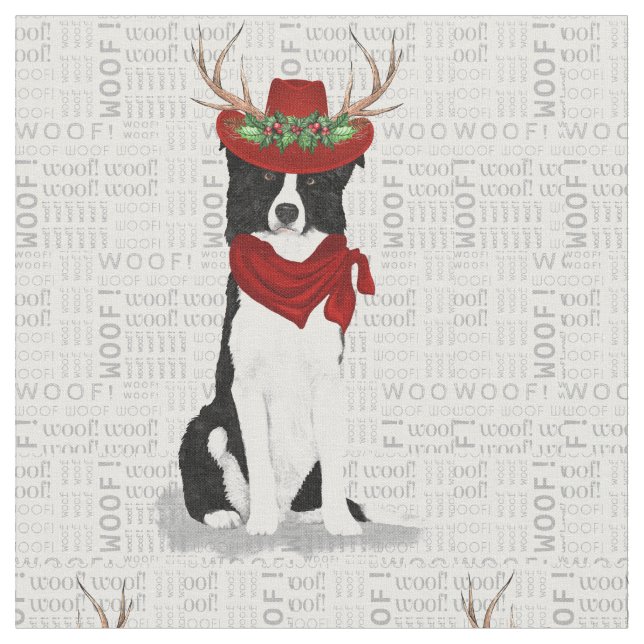 Border Collie Christmas Dog with Antlers Fabric (Close Up)