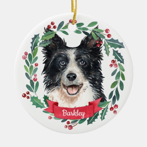 Border Collie Christmas Elegant Watercolor Dog Ceramic Ornament