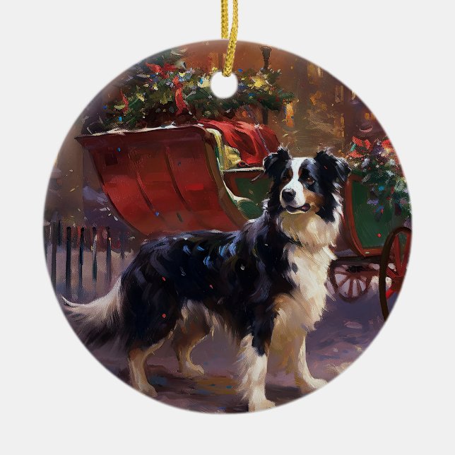 Border Collie Christmas Festive Season  Ceramic Ornament (Front)