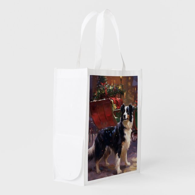 Border Collie Christmas Festive Season  Grocery Bag (Front Side)