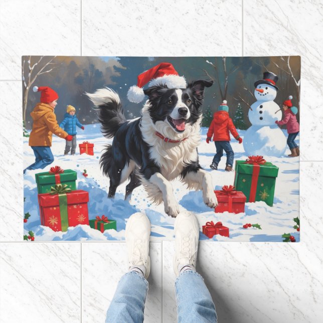 Border Collie Christmas Festive Snow Scene Doormat (Indoor)