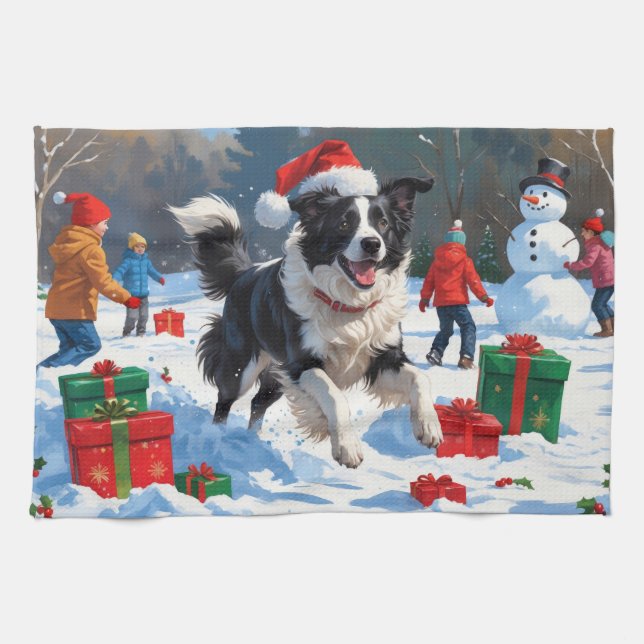 Border Collie Christmas Festive Snow Scene Kitchen Towel (Horizontal)