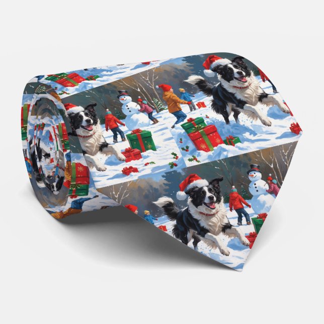 Border Collie Christmas Festive Snow Scene Neck Tie (Rolled)