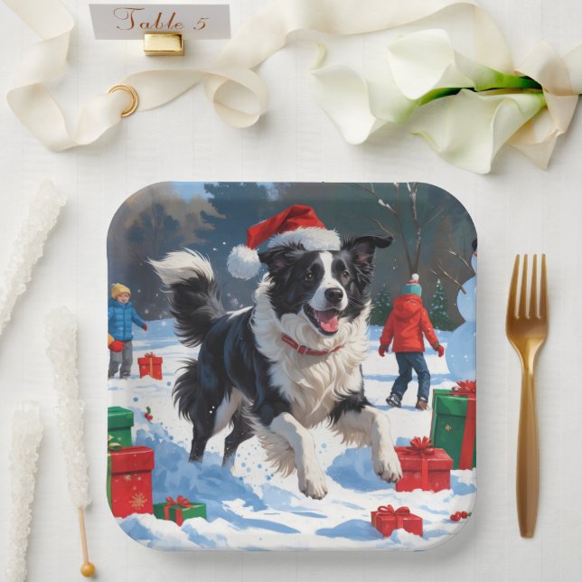 Border Collie Christmas Festive Snow Scene Paper Plates (Wedding)