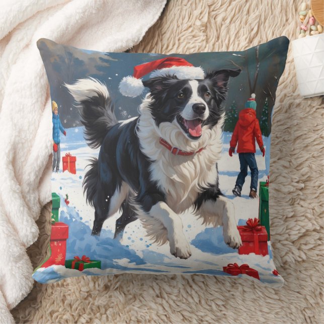 Border Collie Christmas Festive Snow Scene Throw Pillow (Blanket)
