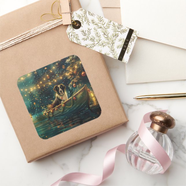 Border Collie Christmas Festive Voyage Square Sticker (Gifting)