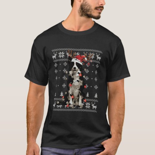 Border Collie Christmas Light Reindeer Dog Santa H T_Shirt