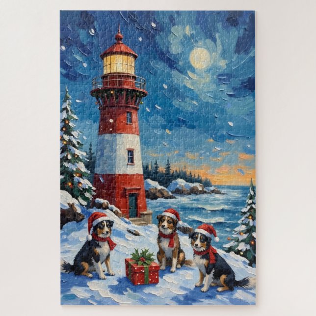 Border Collie Christmas Lighthouse Holiday Jigsaw Puzzle (Vertical)