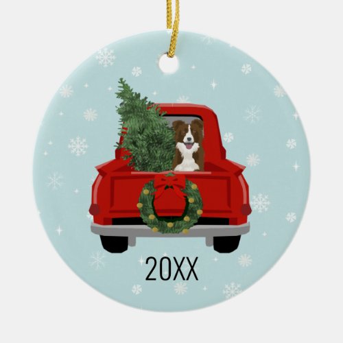 Border Collie Christmas Red Truck Ceramic Ornament