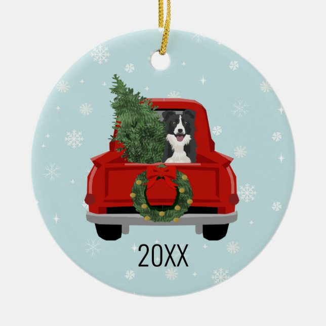Border Collie Christmas Red Truck Ceramic Ornament (Front)