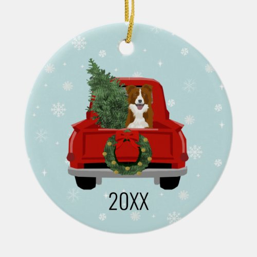 Border Collie Christmas Red Truck Ceramic Ornament