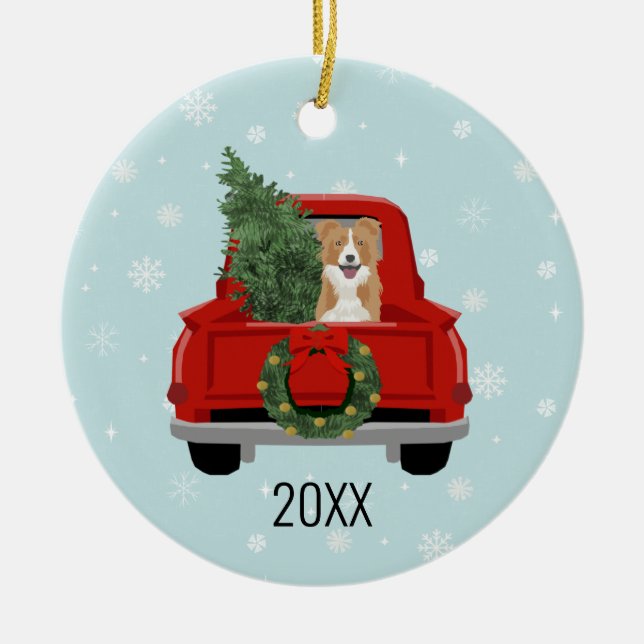 Border Collie Christmas Red Truck Ceramic Ornament (Front)