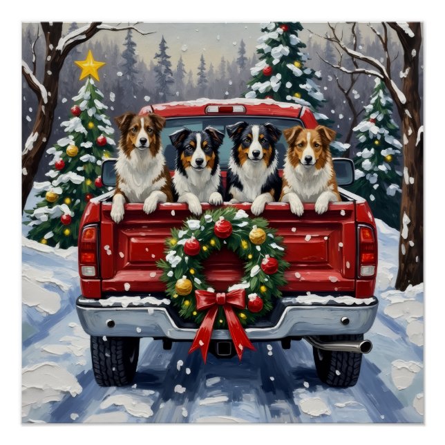 Border Collie Christmas Red Truck Holiday Poster (Front)