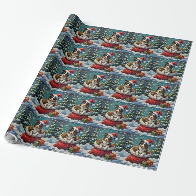 Border Collie Christmas Santa Bag Adventure Wrapping Paper (Unrolled)