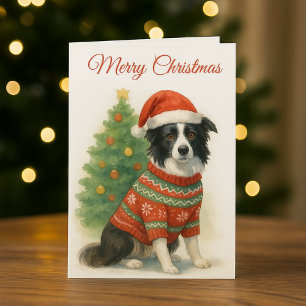 Border Collie Christmas Santa Hat & Tree Holiday Card