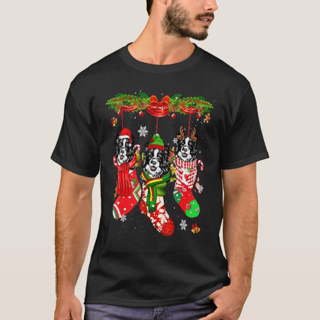 Border Collie Christmas Socks Costume Merry Xmas T-Shirt (Front)
