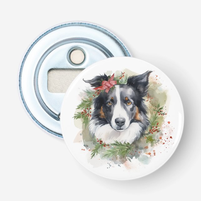 Border Collie Christmas Wreath Festive Pup  Bottle Opener (Front)