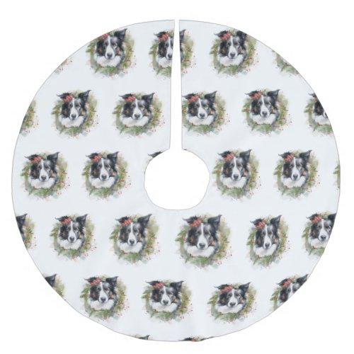 Border Collie Christmas Wreath Festive Pup  Brushed Polyester Tree Skirt