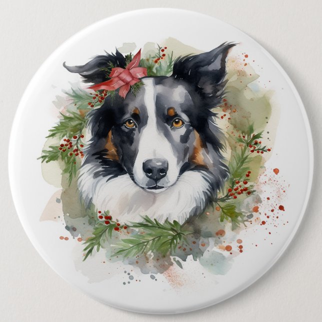 Border Collie Christmas Wreath Festive Pup  Button (Front)