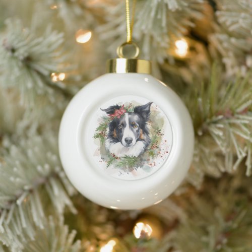 Border Collie Christmas Wreath Festive Pup  Ceramic Ball Christmas Ornament