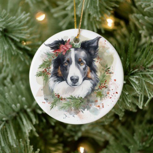 Border Collie Christmas Wreath Festive Pup  Ceramic Ornament