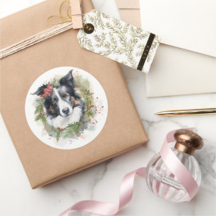 Border Collie Christmas Wreath Festive Pup Classic Round Sticker