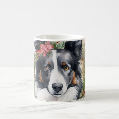 Border Collie Christmas Wreath Festive Pup  Coffee Mug