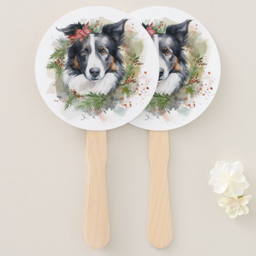 Border Collie Christmas Wreath Festive Pup  Hand Fan