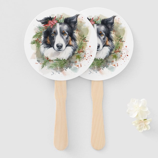 Border Collie Christmas Wreath Festive Pup  Hand Fan (Front and Back)