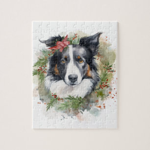 Border Collie Christmas Wreath Festive Pup Jigsaw Puzzle
