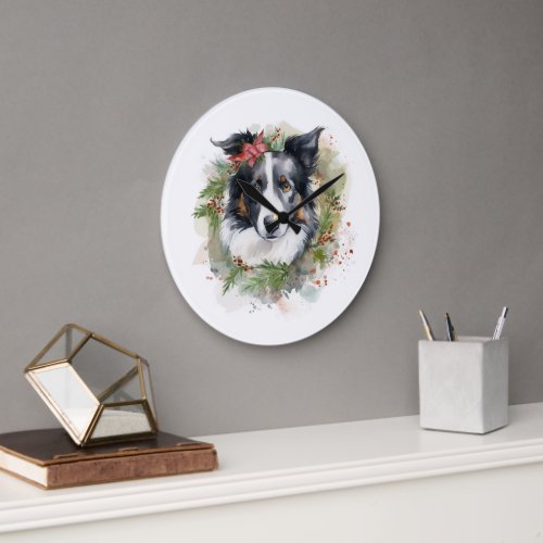 Border Collie Christmas Wreath Festive Pup  Large Clock
