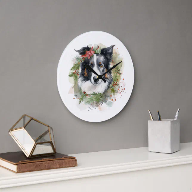 Border Collie Christmas Wreath Festive Pup Large Clock | Zazzle