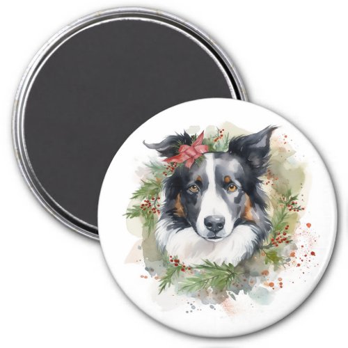 Border Collie Christmas Wreath Festive Pup  Magnet