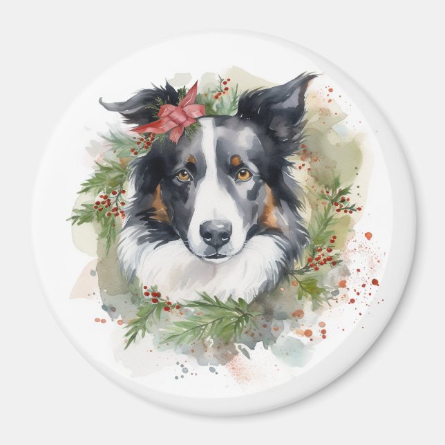 Border Collie Christmas Wreath Festive Pup  Magnet (Front)