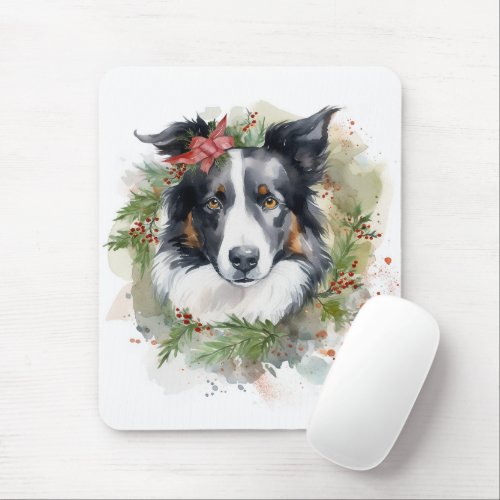 Border Collie Christmas Wreath Festive Pup  Mouse Pad